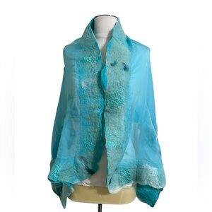 Unique Artsy OOAK Blue Turquoise Wrap/Scarf Natural Silk and Merino Wool